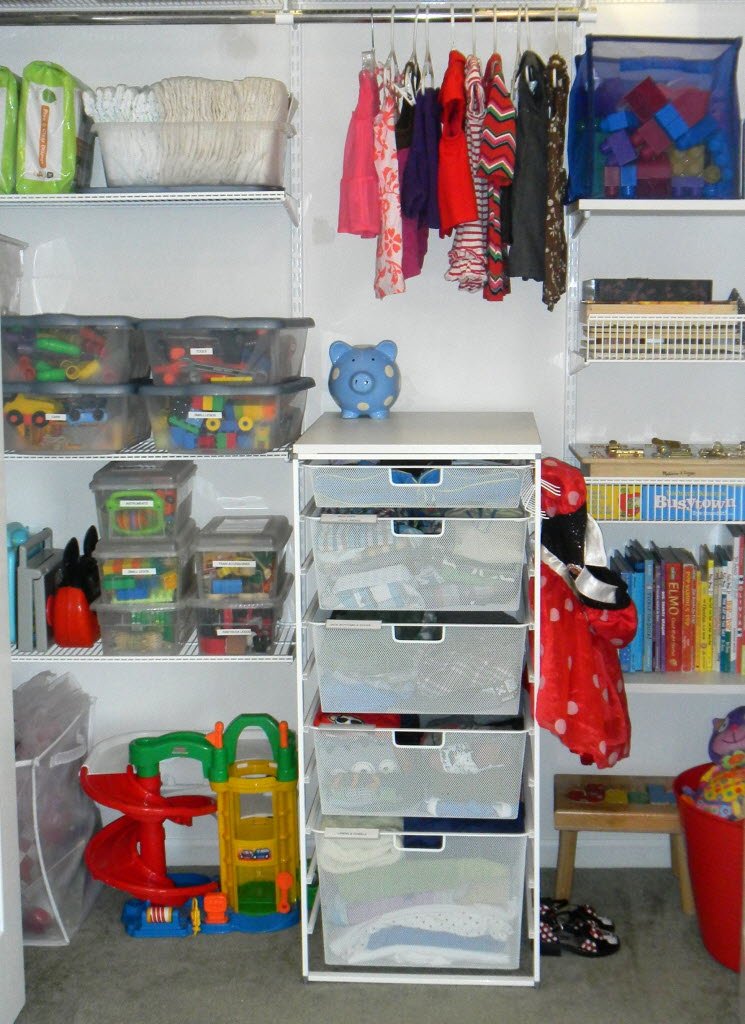 storage bins, child closet, closet organization